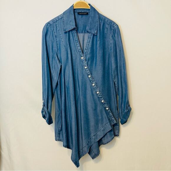 T&W Designs Tencel Lightweight Denim Cross Over Wrap Handkerchief Blouse Top - Picture 2 of 12